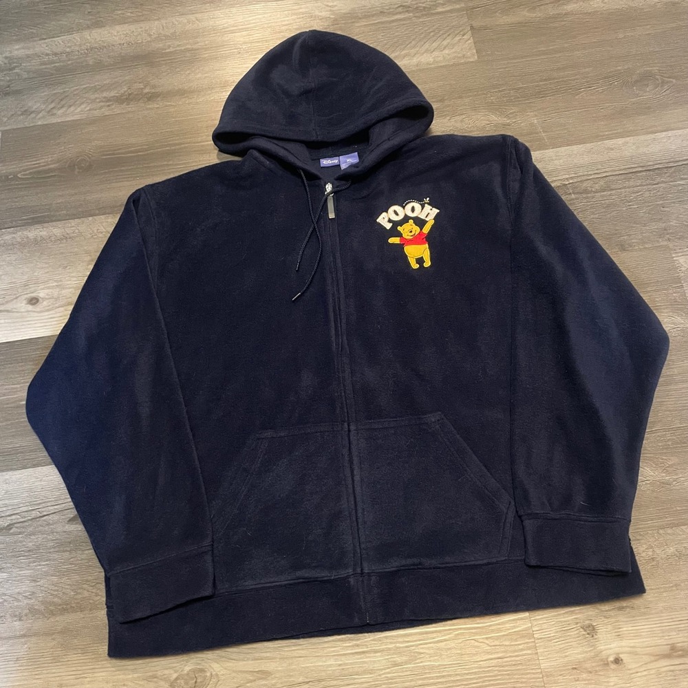 Disney Winnie the Pooh Tigger Eeyore Fleece Zip Hoodie Navy Blue Mens XL